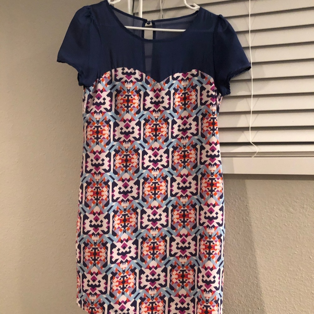 Blue, pink, and white short sleeve dress